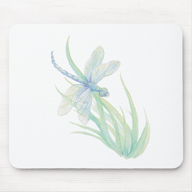 Original Watercolor Dragonfly in Blau und Grün Mousepad (Vorne)