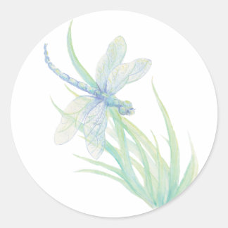 Original Watercolor Dragonfly in Blau und Grün Runder Aufkleber