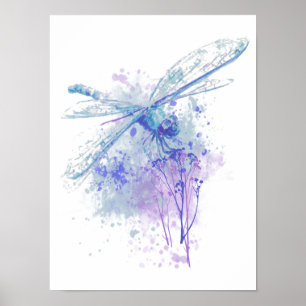 Original Watercolor Dragonfly in Blue Mauve Nature Poster