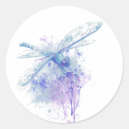 Original Watercolor Dragonfly in Blue Mauve Nature Runder Aufkleber