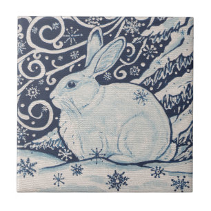Original Winter Christmas Rabbit Blue & White Fliese