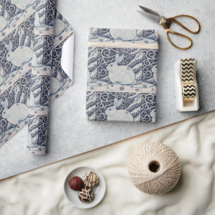 Original Winter Christmas Rabbit Blue & White Geschenkpapier
