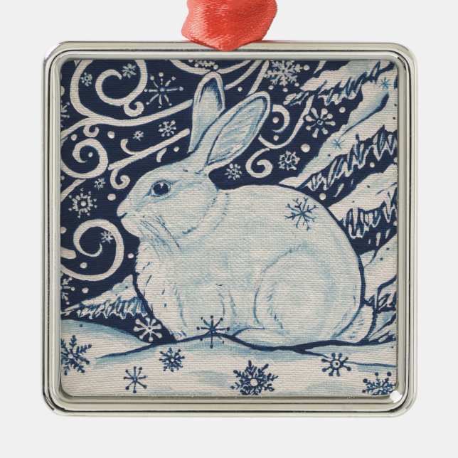 Original Winter Christmas Rabbit Blue & White Silbernes Ornament (Vorne)