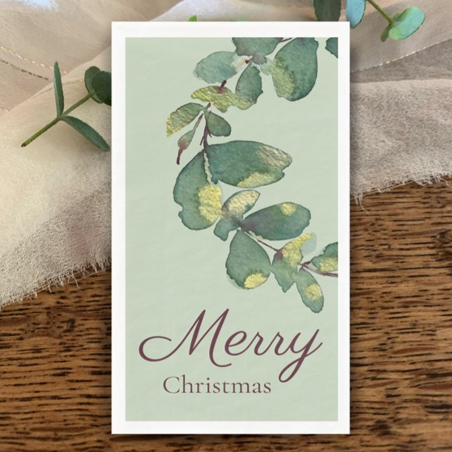 Originale Wasserfarbe-Grün Merry Christmas Serviette (Original watercolor greenery Merry Christmas script Holiday Napkin. Sage eucalyptus and plum.)