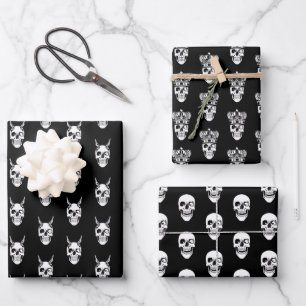 Originales schwarzes Geschenkpapier mit Totenköpfe Set