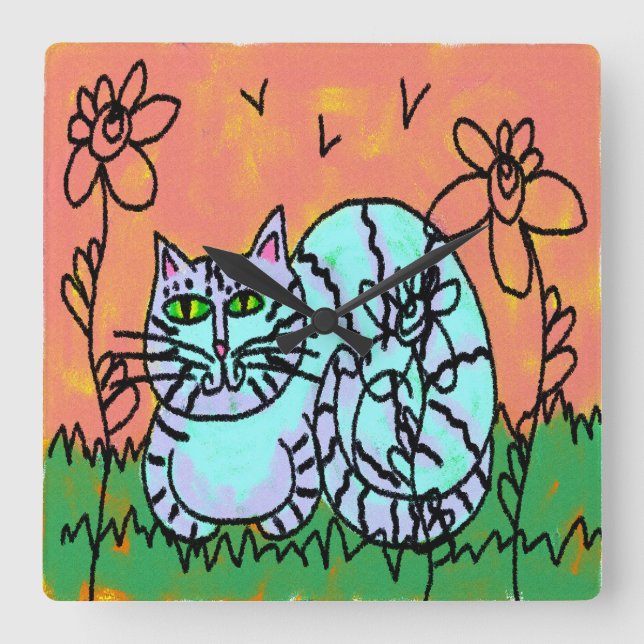 Originelle Abstrakte Chat-Kunst Quadratische Wanduhr (Vorderseite)