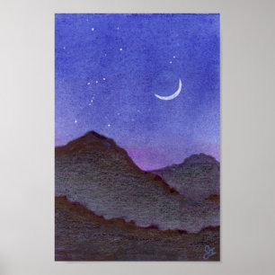 Orion & Crescent Moon Mountains Poster