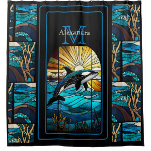 Orka Whale Stain Glass Blues Black Modern Beach Duschvorhang