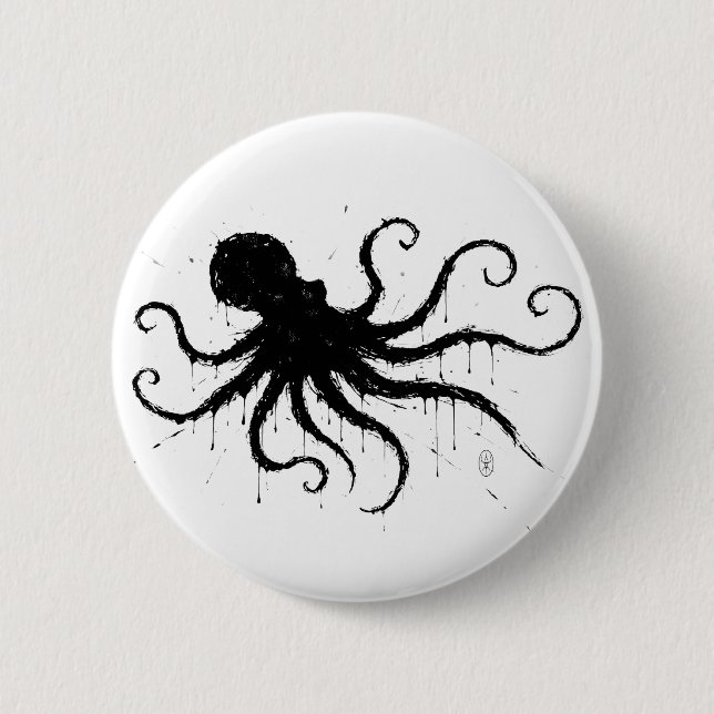 Orkney Dark Ink Illustration – Grasping Octopus Button (Vorderseite)