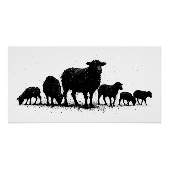 Orkney-Schafe — Tinten-Silhouette-Herde Poster (Vorderseite)
