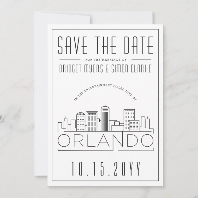 Orlando, Fl Wedding Stylized Skyline Rett-the-Date Einladung (Vorderseite)