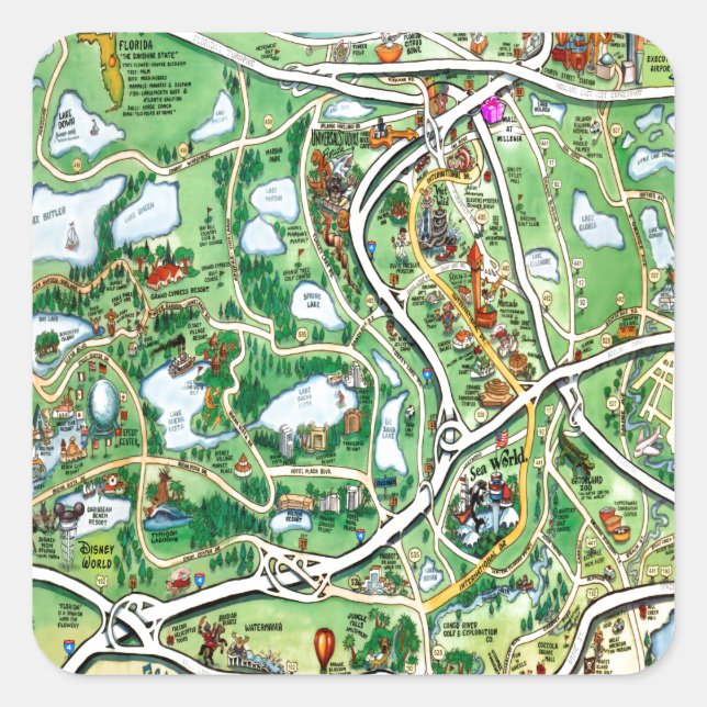 Orlando Florida Cartoon Karte Quadratischer Aufkleber (Vorderseite)