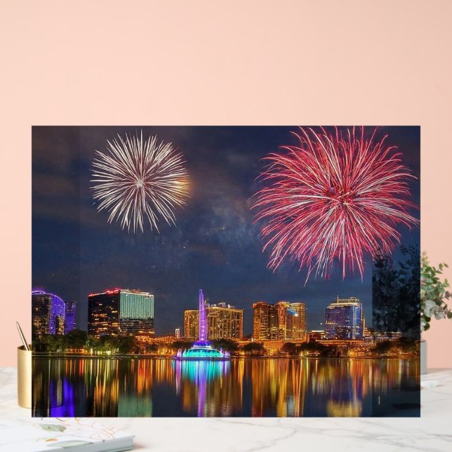 Orlando Florida See Eola Feuerwerk und Brunnen Acrylschild (Hochzeit)