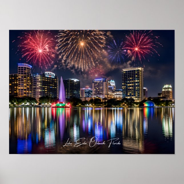 Orlando Florida Skyline mit Lake Eola Feuerwerk Poster (Vorne)