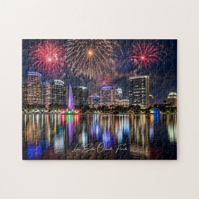 Orlando Florida Skyline mit Lake Eola Feuerwerk Puzzle (Horizontal)