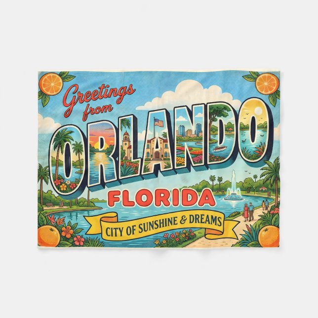 Orlando Florida Vintage Reise Fleecedecke (Vorderseite (Horizontal))