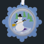 Ornament Card - Working Snowman on Medium Blue<br><div class="desc">Schneemann mit Schaufel ist bereit,  den Schnee aus seiner Schneedecke zu reinigen. Grüne Kiefernbäume stehen hinter ihm. Text auf der Rückseite "Beste Wünsche für die Feriensaison" Hintergrund auf beiden Seiten ist mittelblau.</div>