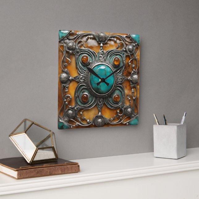 Ornamental Fire Jewel with Verdigris & Silver Lace Quadratische Wanduhr (Büro)