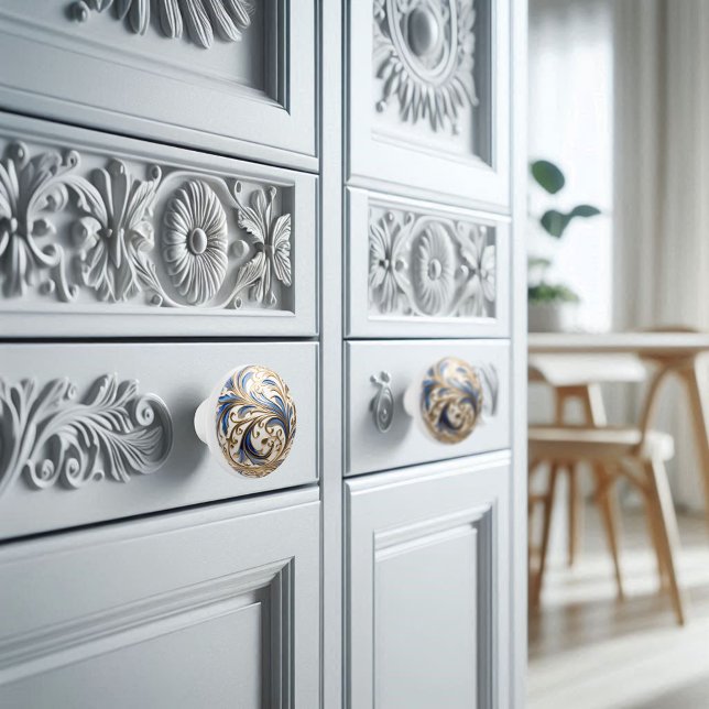 Ornamental Gold Blue White Filigrel Swirl Orb Keramikknauf (Von Creator hochgeladen)