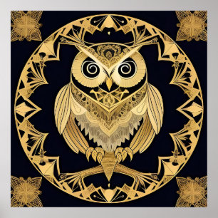 🦉 Ornamental Goldene Eulen-Wandkunst Natur Luxus  Poster