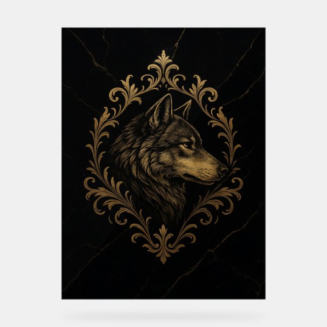 Ornamentaler Goldener Wolf  Acrylschild (Vorderseite)
