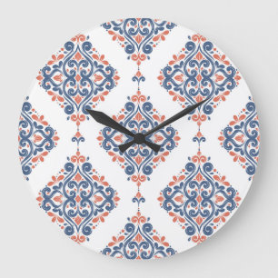 Ornamentales Blau Orange: Nahtloses Vintage-Muster Große Wanduhr