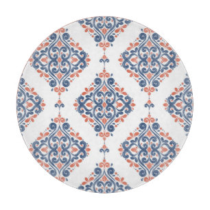 Ornamentales Blau Orange: Nahtloses Vintage-Muster Schneidebrett