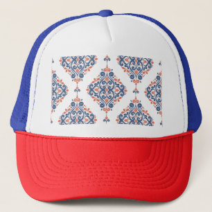 Ornamentales Blau Orange: Nahtloses Vintage-Muster Truckerkappe