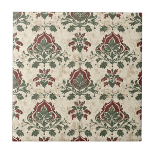 Ornamentales Damast Rot Grün Vintage-Textur Fliese