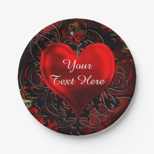 Ornamentales florales Herz Schwarz & Rot Party Pappteller