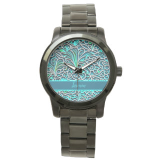 Ornamente Muster 3D Optik blau, türkise, grün Armbanduhr
