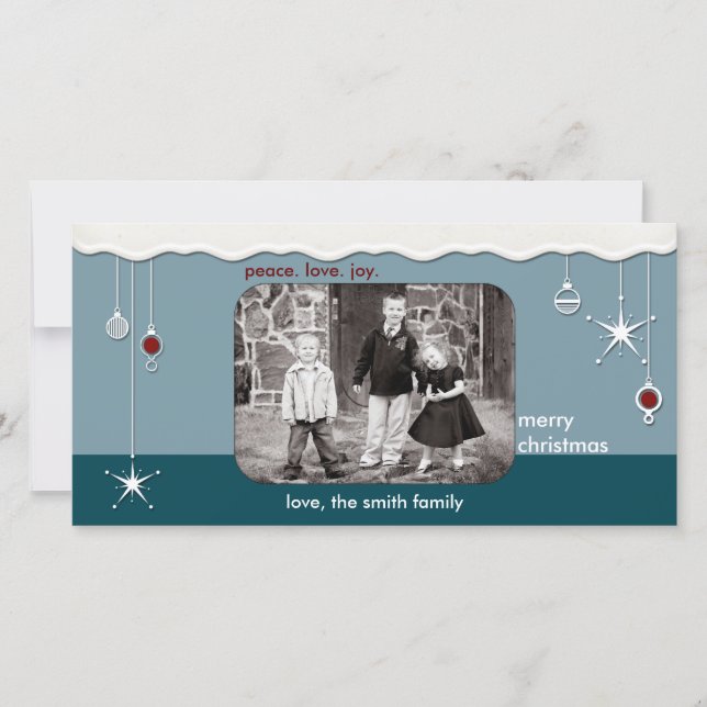 Ornamente und Schnee Weihnachtsgrüße Feiertagskarte (Vorderseite)