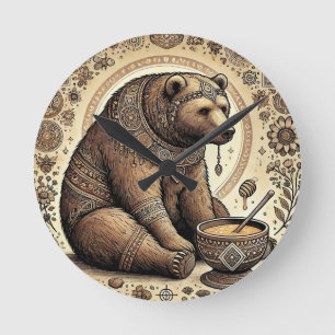 Ornamentierter Bär, umgeben von Mandala und Honig  Runde Wanduhr