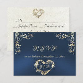 Ornamer Rahmen & Herz - Blau RSVP Karte