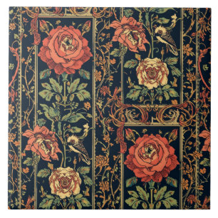 Ornate Art Nouveau Botanische Vintage-Rose Vogel Fliese