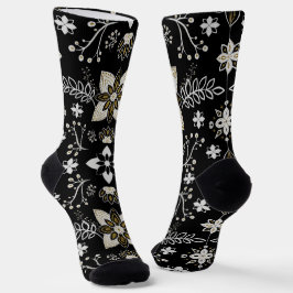 Ornate black and white floral pattern socken