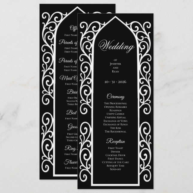 Ornate black and white Gothic Wedding Program Menükarte (Vorne/Hinten)