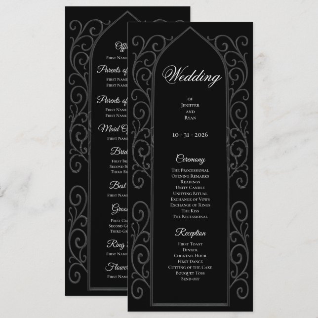 Ornate black and white Gothic Wedding Program Menükarte (Vorne/Hinten)