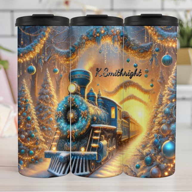 Ornate Blue Festive Train Journey Thermosbecher (Von Creator hochgeladen)