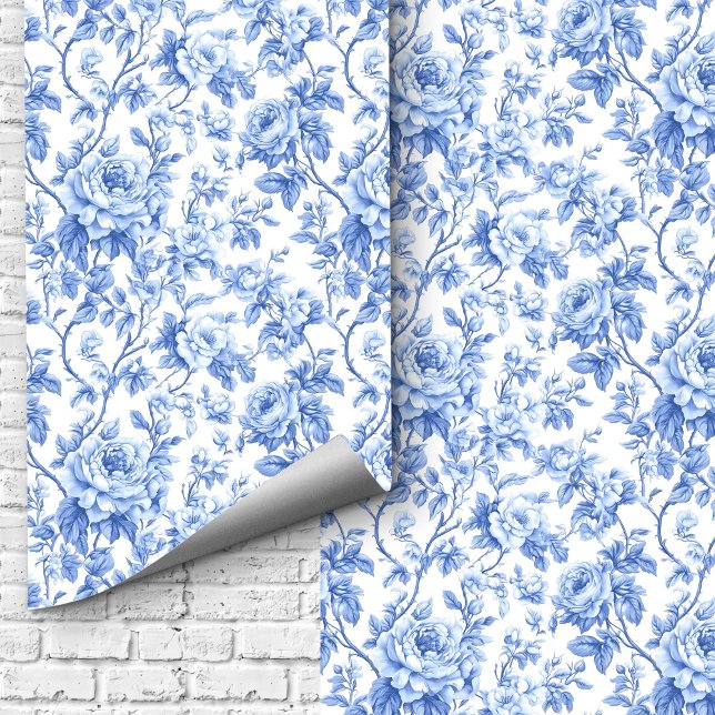 Ornate Blue French Toile Roses Floral Wallpaper  Tapete (Ornate Blue French Toile Roses Floral Wallpaper Design)