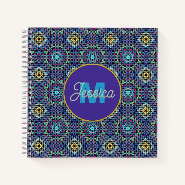 Ornate Blue Geometric Mosaic Pattern Personalised Notizbuch (Vorderseite)