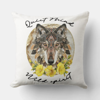 Ornate Boho Wolf with Yellow Flowers Kissen