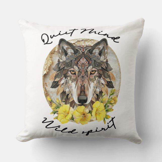 Ornate Boho Wolf with Yellow Flowers Kissen (Vorderseite)