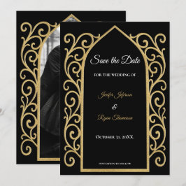 Ornate border black and gold wedding save the date ankündigung