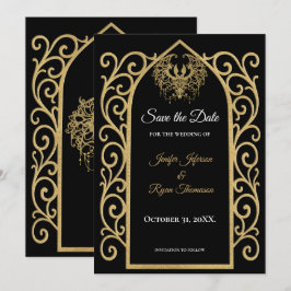 Ornate border black and gold wedding save the date ankündigung