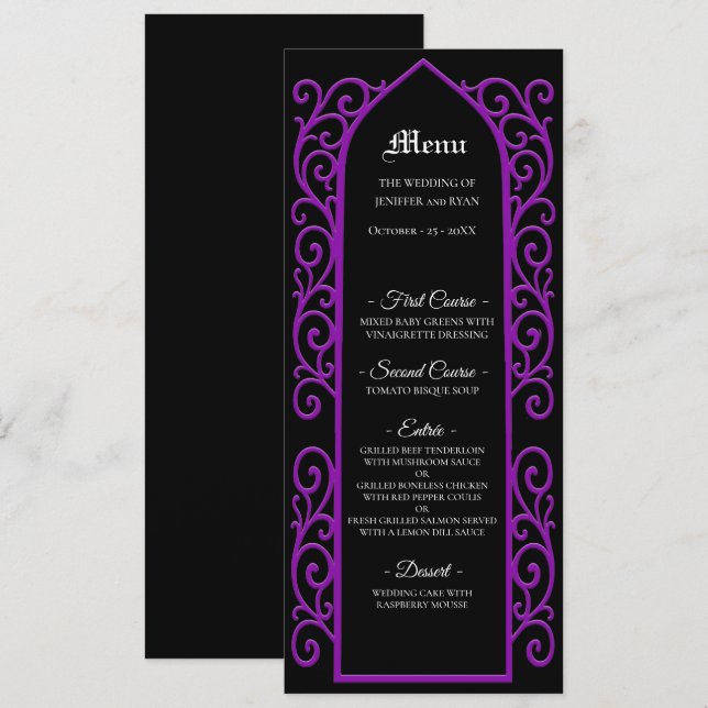 Ornate border black and purple Gothic Wedding Menu Menükarte (Vorne/Hinten)