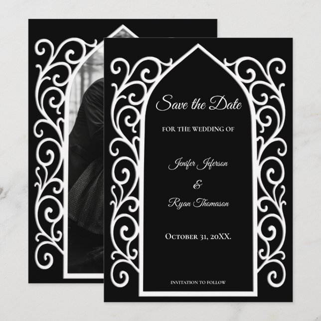 Ornate border black and whit wedding save the date ankündigung (Vorne/Hinten)
