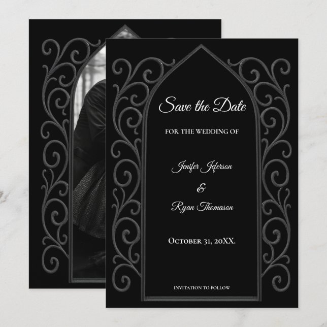Ornate border black and whit wedding save the date ankündigung (Vorne/Hinten)