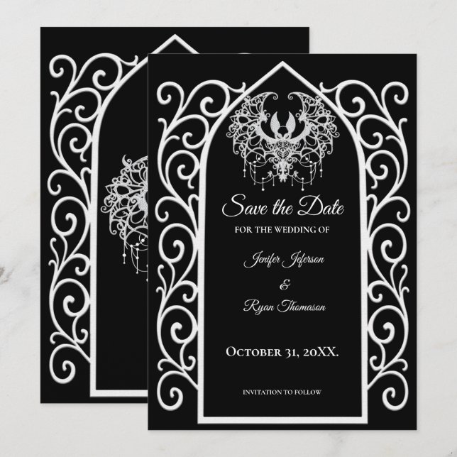 Ornate border black and whit wedding save the date ankündigung (Vorne/Hinten)