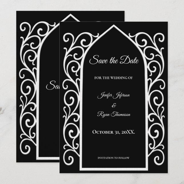 Ornate border black and whit wedding save the date ankündigung (Vorne/Hinten)